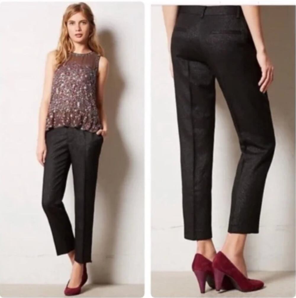 Anthropologie Cartonnier Black Shimmer Ankle Dress Cropped Pants Lou Straight 4